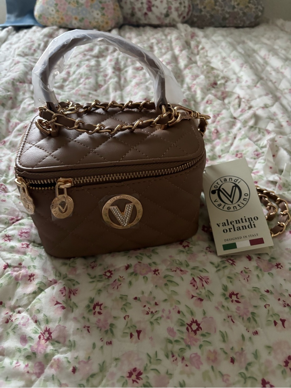Valentino Orlandi Quilted Taupe Mini Top-Handle Crossbody